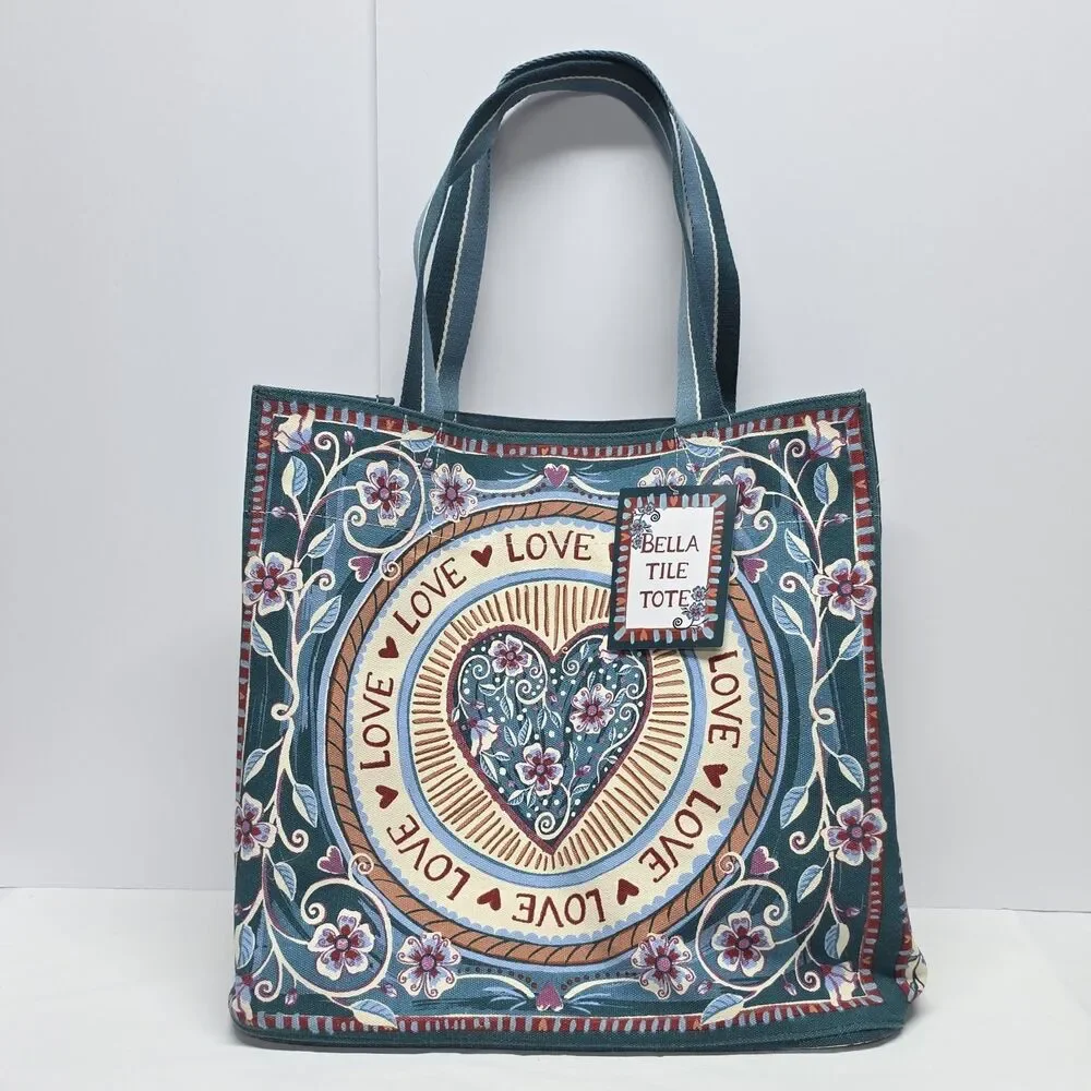 Brighton Bella Tile Tote Bag Love Heart Floral Print Teal Canvas Boho Chic NWT
